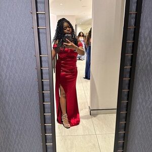 Elegant Red Satin Gown with Slit